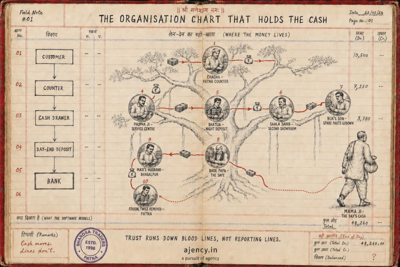 Field note #01, drawn in an old ledger: the organisation chart that holds the cash. The left margin lists what the software models — customer, counter, cash drawer, day-end deposit, bank. The page shows where the money actually lives: a family tree — Chacha at the counter, Phupha ji at the service centre, Bade Papa the safe — ending with Mama ji walking home with the day's ₹48,260. Remark in red: cash moves, lines don't. Trust runs down blood lines, not reporting lines.