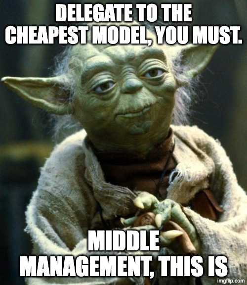 Yoda meme about model cost-routing: &lsquo;Delegate to the cheapest model, you must. Middle management, this is.&rsquo; — the frontier model decides once, the free local model does the repeatable work.