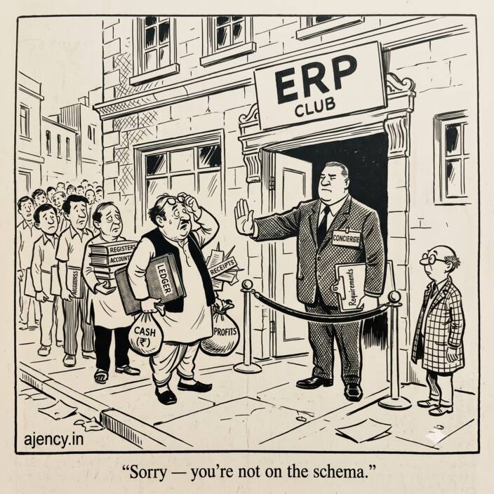 A pocket cartoon in the old newspaper style, on why ERP adoption fails at Indian SMBs: outside a grand doorway signed ‘ERP Club’, a huge suited bouncer with a Requirements clipboard holds up a hand, turning away a portly businessman carrying ledgers, pinned receipts, and cash bags marked ₹ — a queue of staff with registers and account books behind him. A small bespectacled common man watches silently from the side. Caption: ‘Sorry — you're not on the schema.’